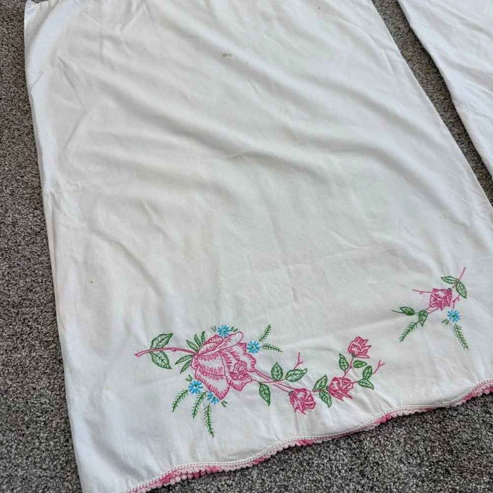 Vintage Hand Embroidered Pillowcase Set Lambs Roses Crochet Trim Cottagecore 2pc